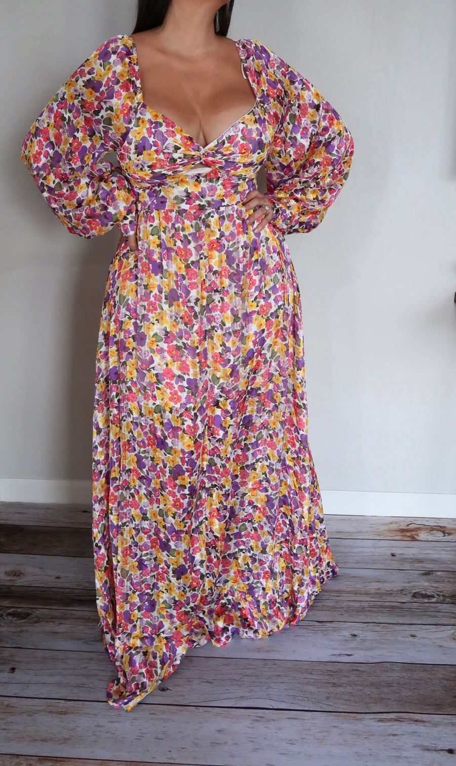 Front Twist Open Floral Maxi Dress