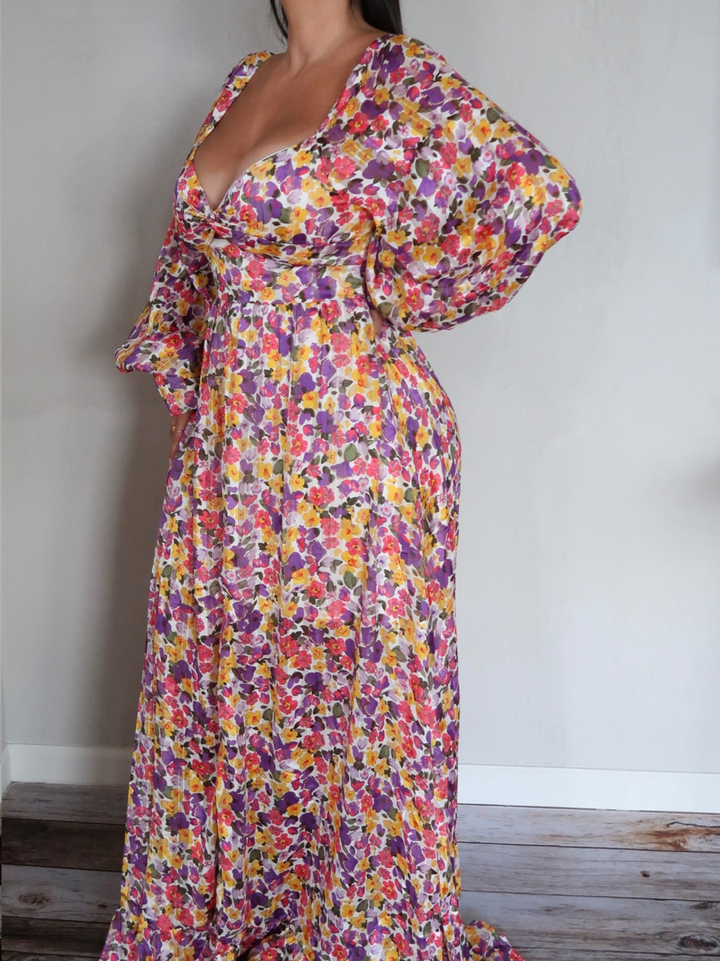 Front Twist Open Floral Maxi Dress